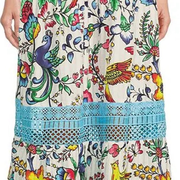 Floral Print Split Neck Short Sleeve Lace Trim Button Front Midi Dress size L - Picture 7 of 8